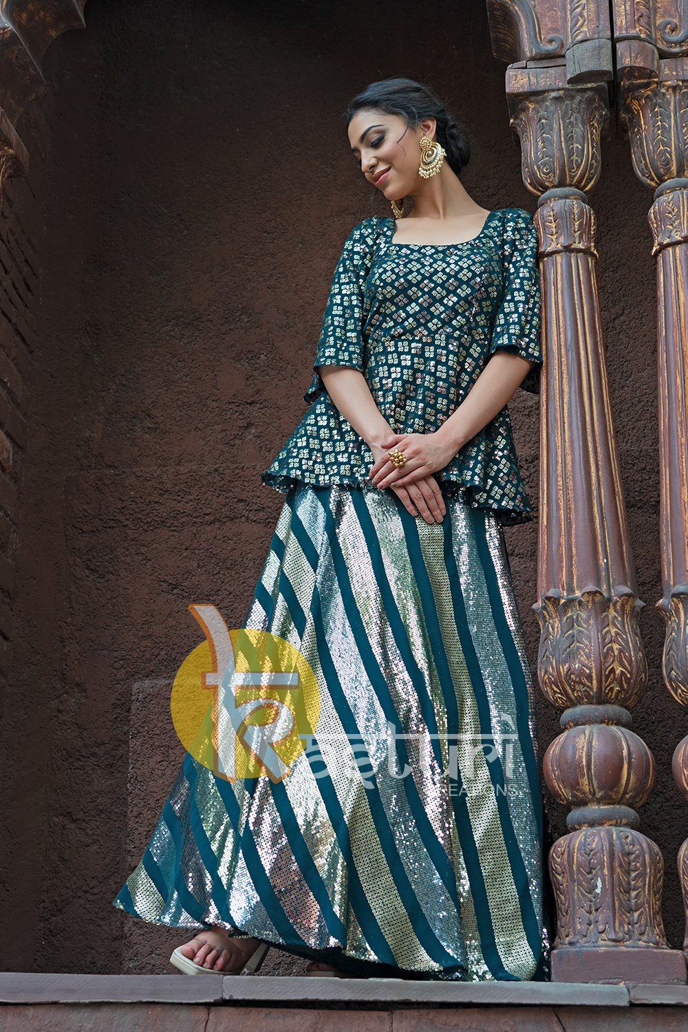 Blue embroiderd sequins work top and lehenga skirt