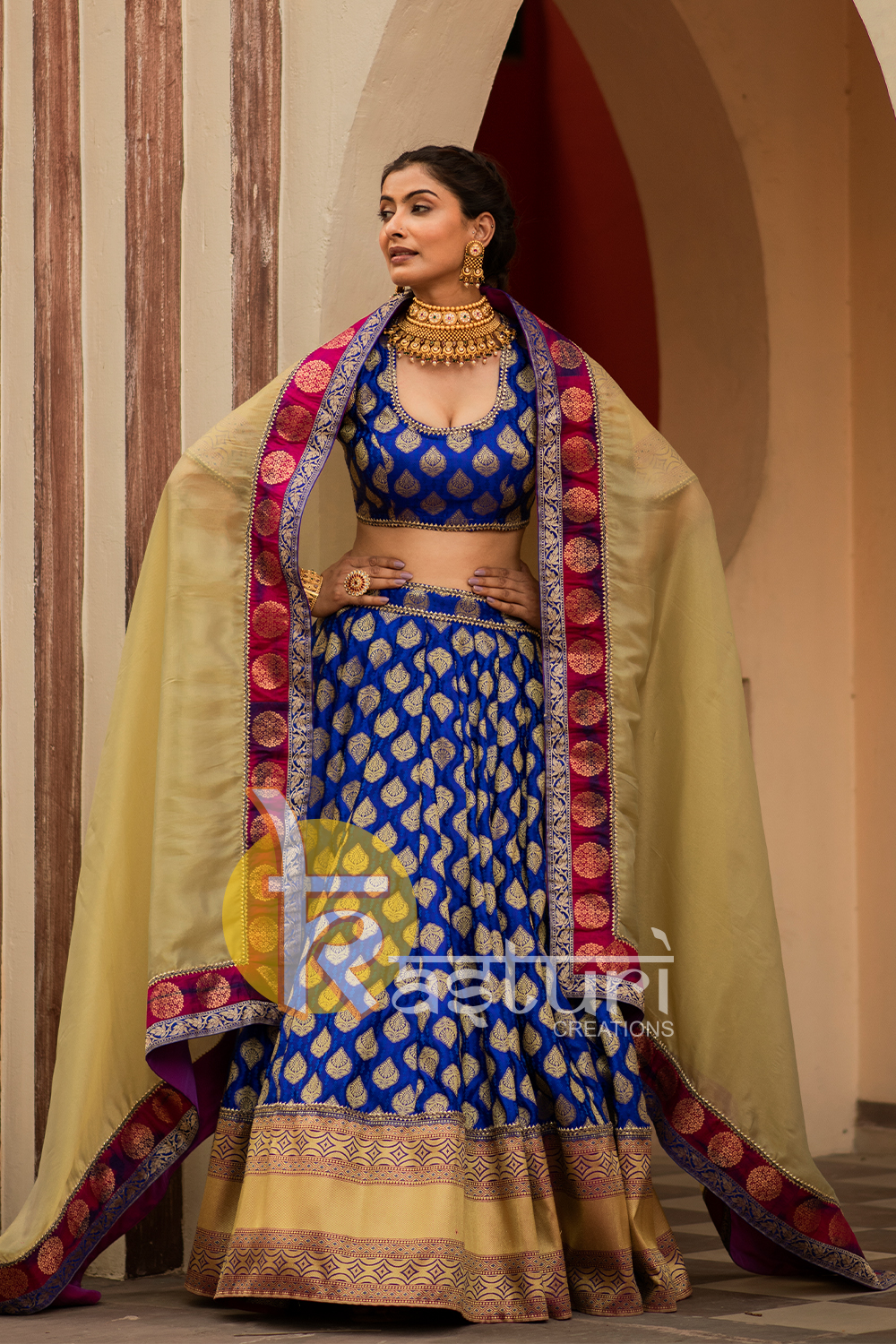 Royal blue heavy bordered banarasi lehenga choli set