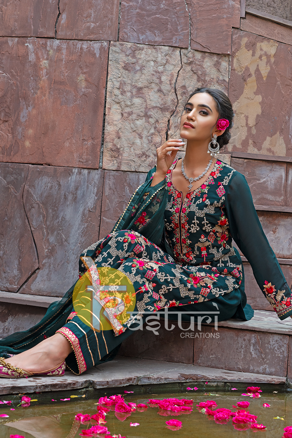 Bottle green heavy embroidered kurta with pant set