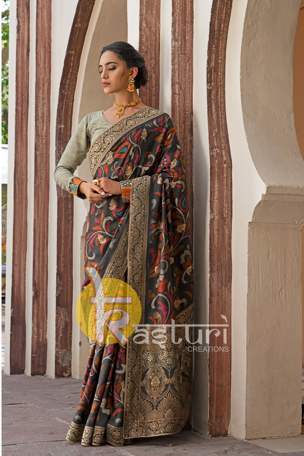Dark grey modern prints & traditional silk party wear saree