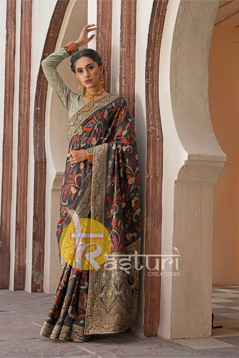 Dark grey modern prints & traditional silk party wear saree