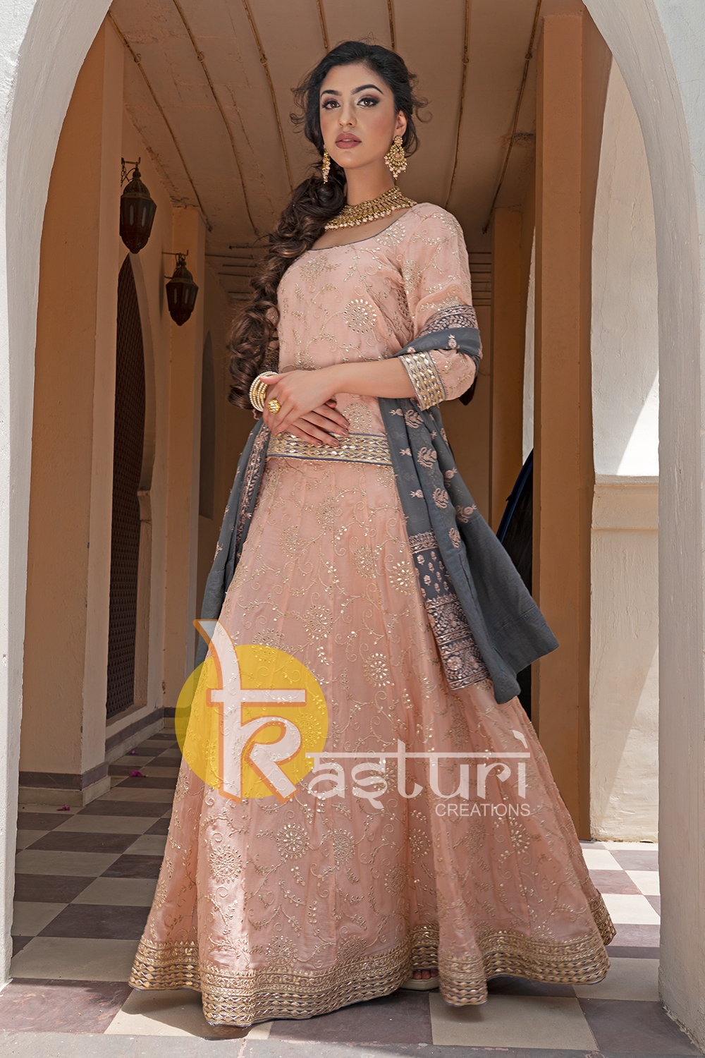Peach and grey embroidered gotta work lehenga choli set
