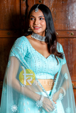 Blue mirror work embroidered georgette lehenga choli set
