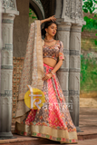 Grey and red flower print embroidered dola silk lehenga choli set