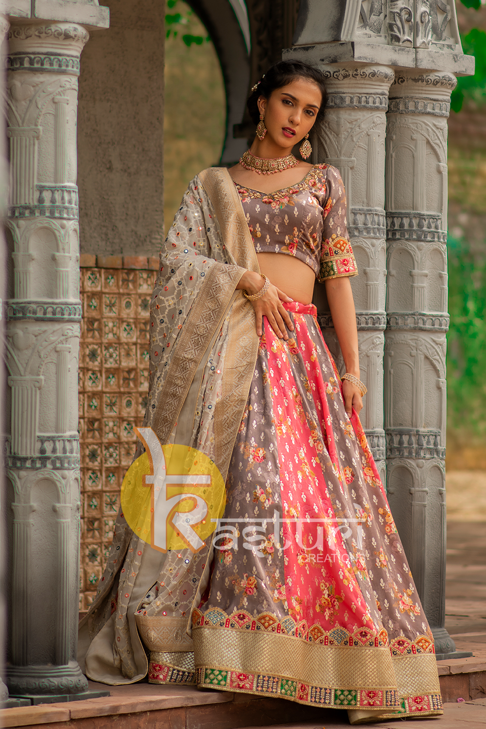 Grey and red flower print embroidered dola silk lehenga choli set