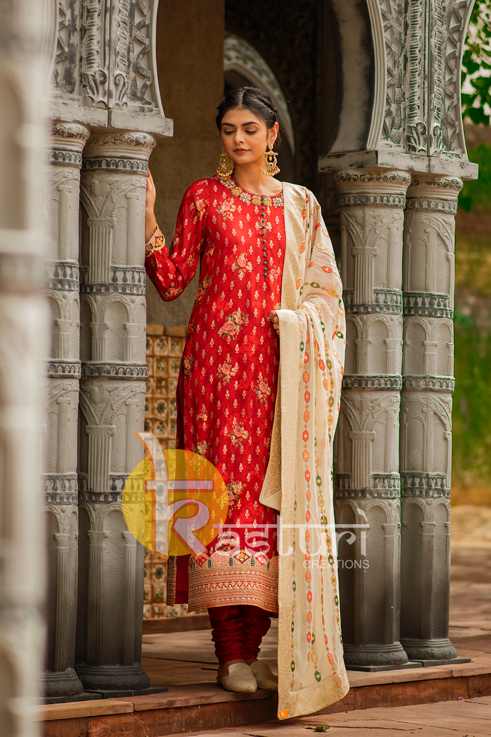 Red heavy embroidered flower print dola silk kurta with churidar set