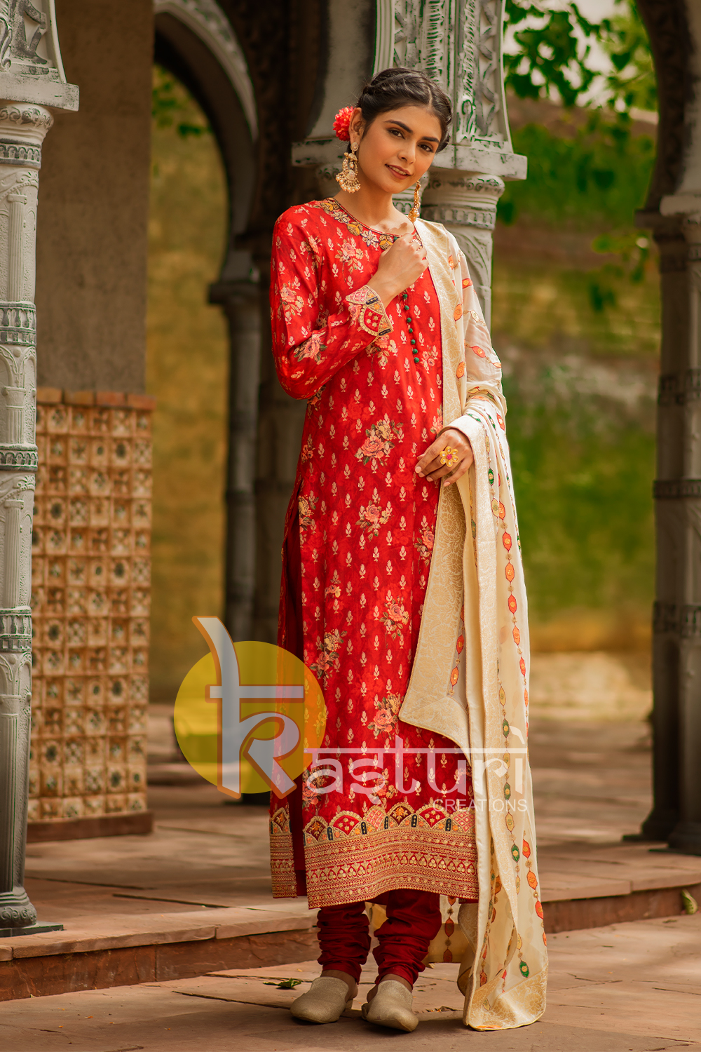 Red heavy embroidered flower print dola silk kurta with churidar set
