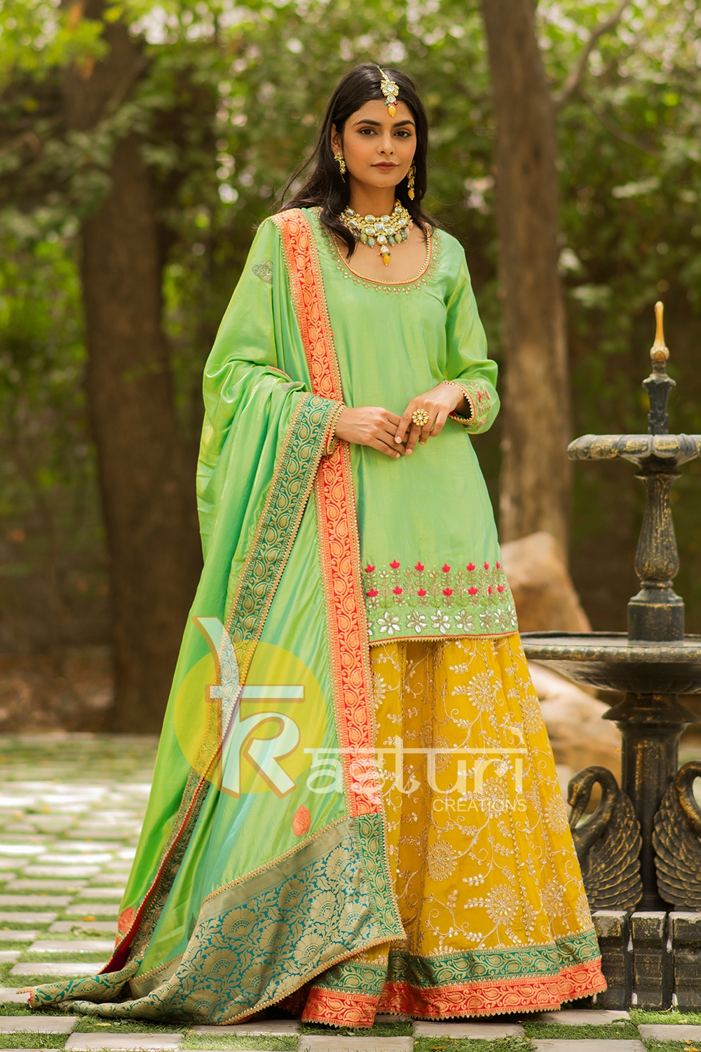 Green and yellow embroidered georgette kurta with lehenga skirt set