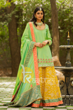 Green and yellow embroidered georgette kurta with lehenga skirt set