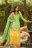 Green and yellow embroidered georgette kurta with lehenga skirt set