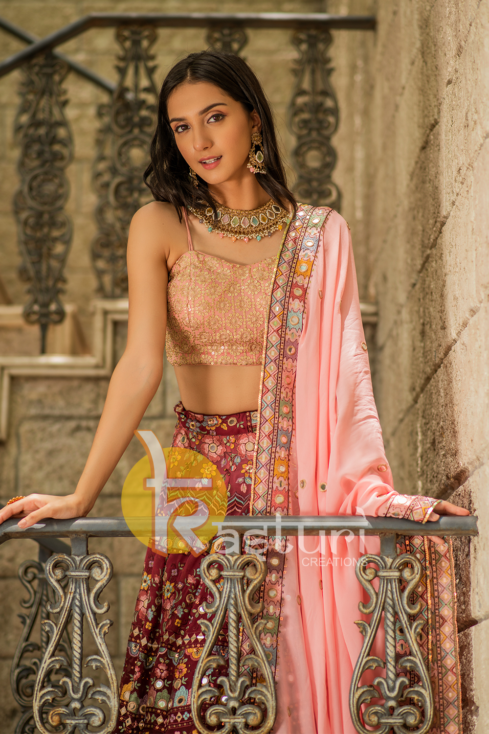 Peach, maroon with multicolor heavy embroidered georgette lehenga choli set