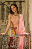 Peach, maroon with multicolor heavy embroidered georgette lehenga choli set