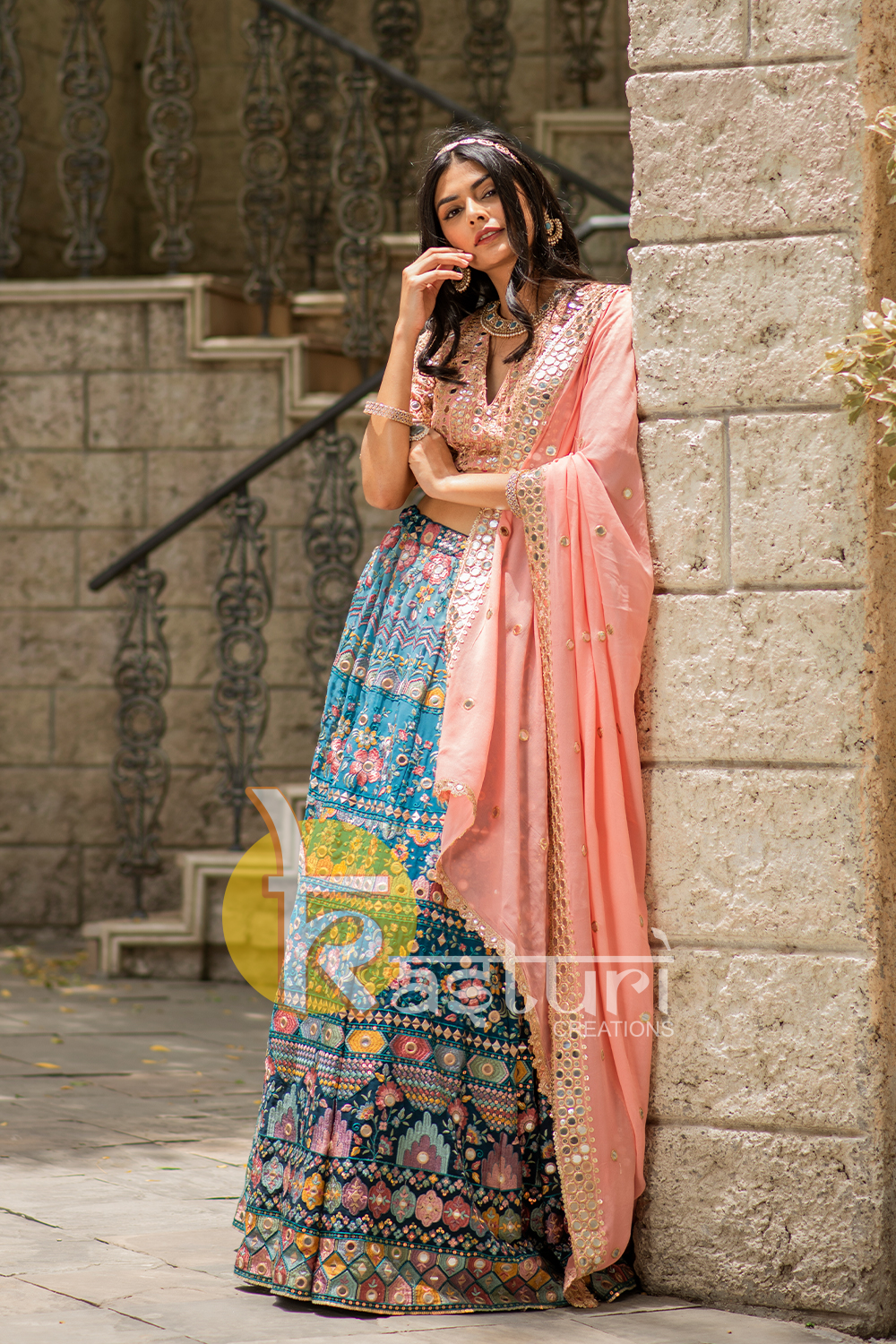 Pink and firozi heavy embroidered georgette lehenga choli set