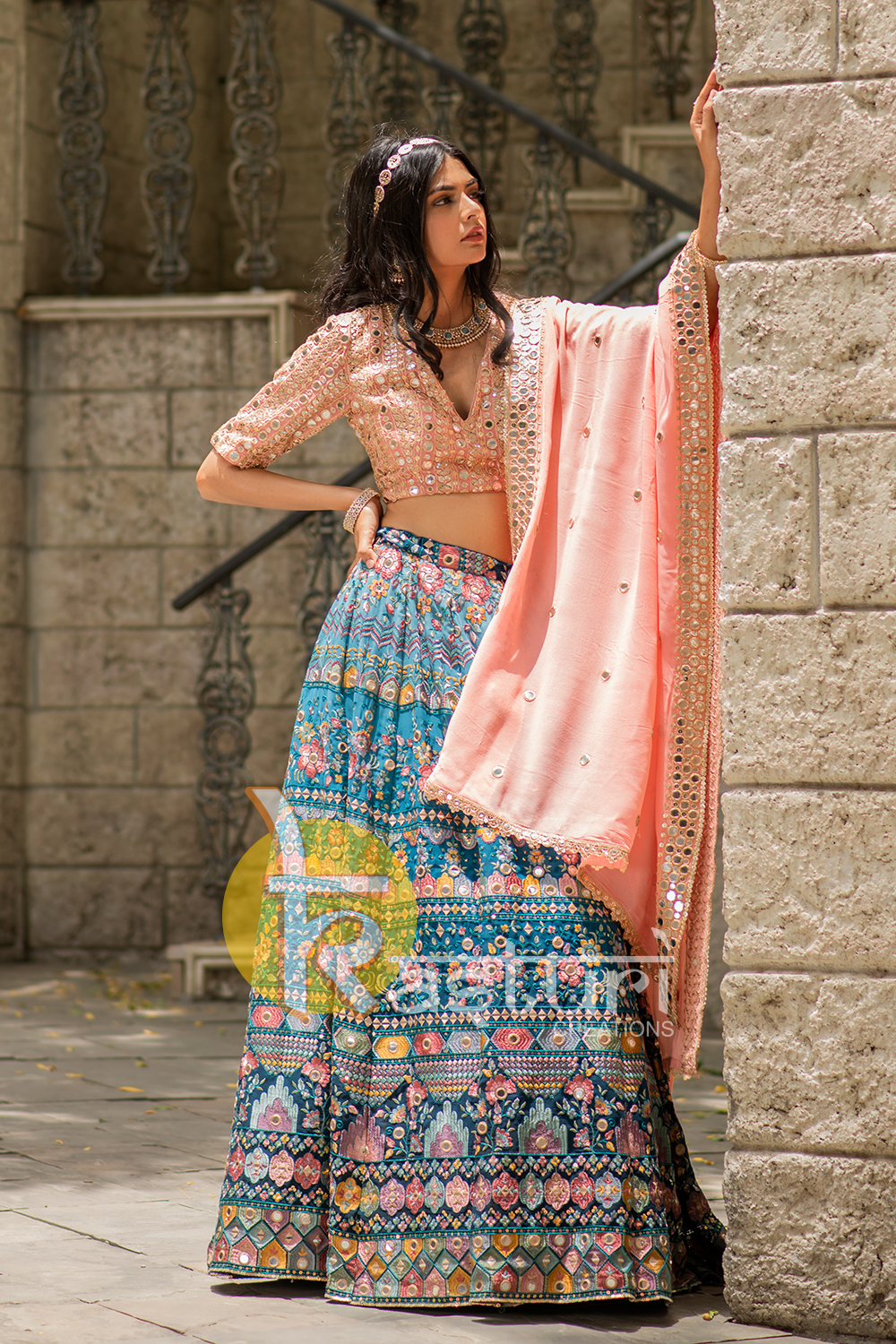 Pink and firozi heavy embroidered georgette lehenga choli set