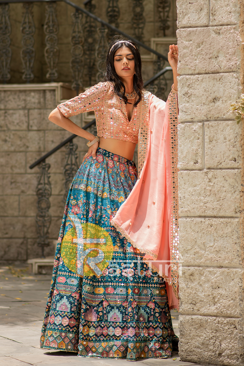 Pink and firozi heavy embroidered georgette lehenga choli set