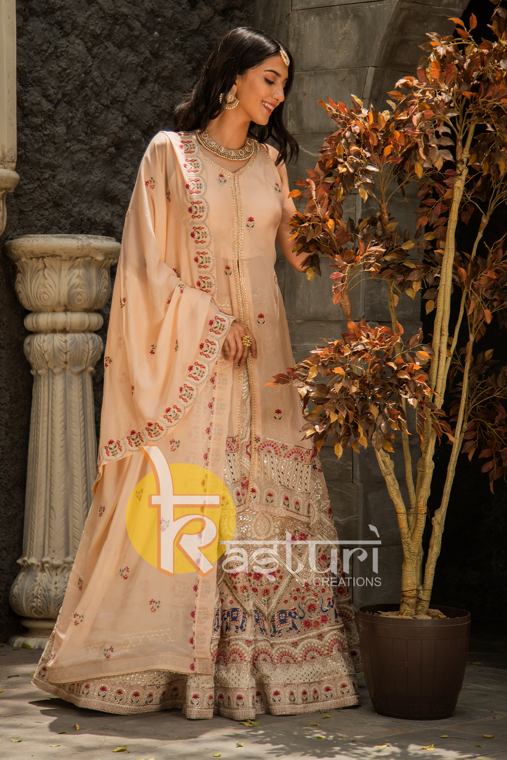 Beige color heavy embroidered georgette lehenga choli set
