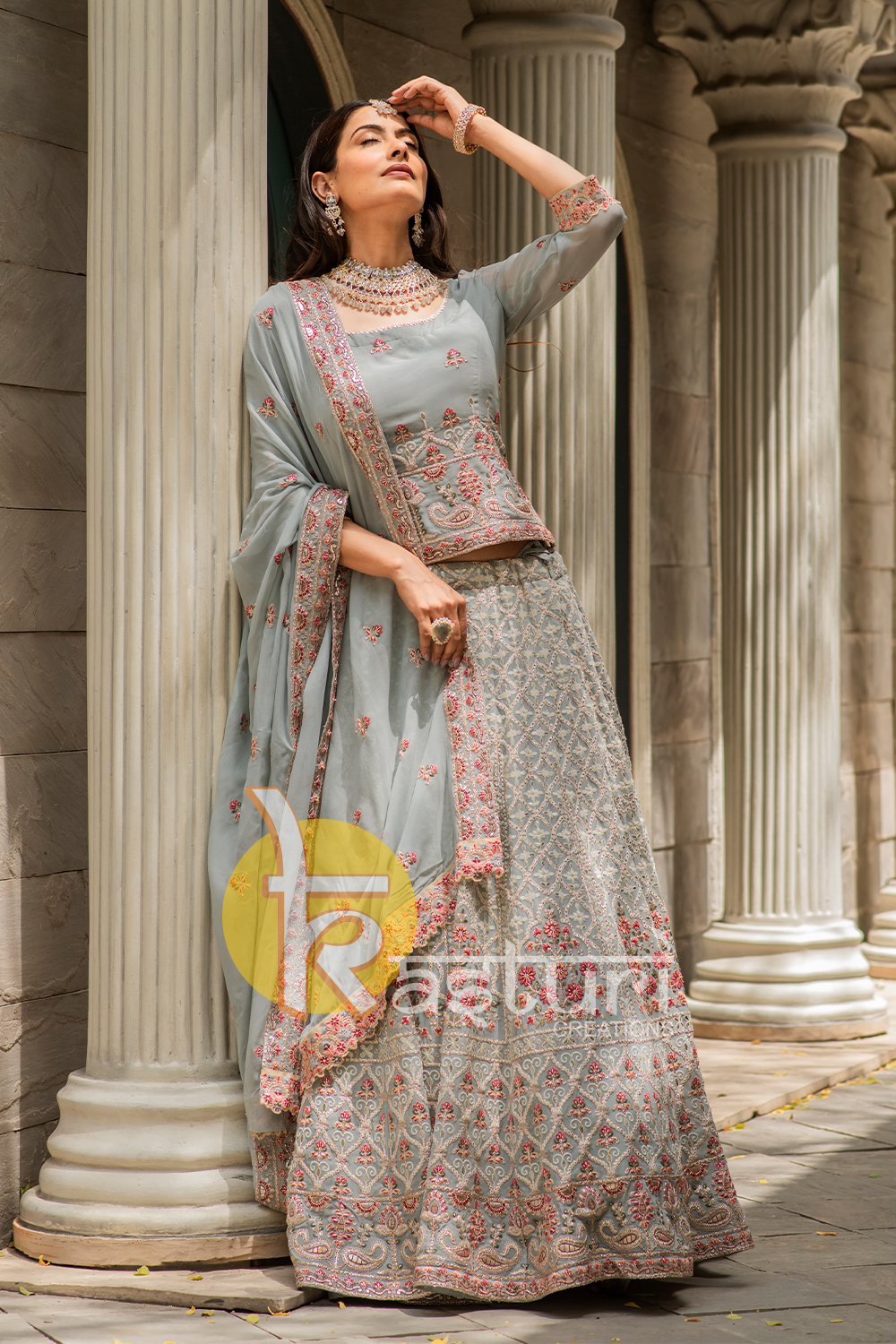 Grey color heavy embroidered georgette lehenga choli set