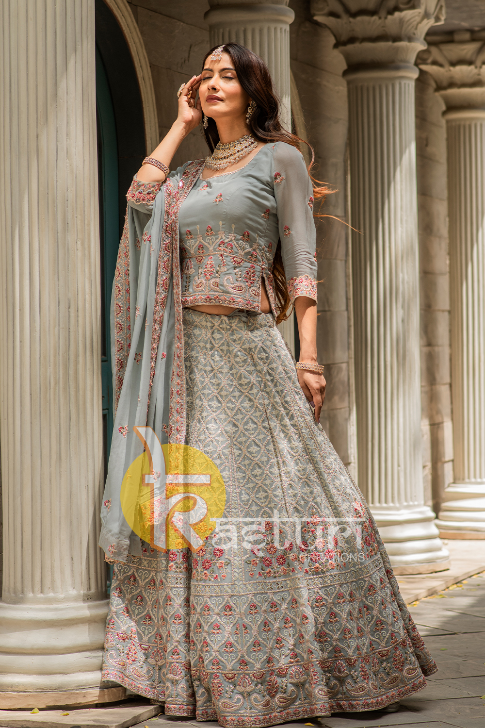 Grey color heavy embroidered georgette lehenga choli set