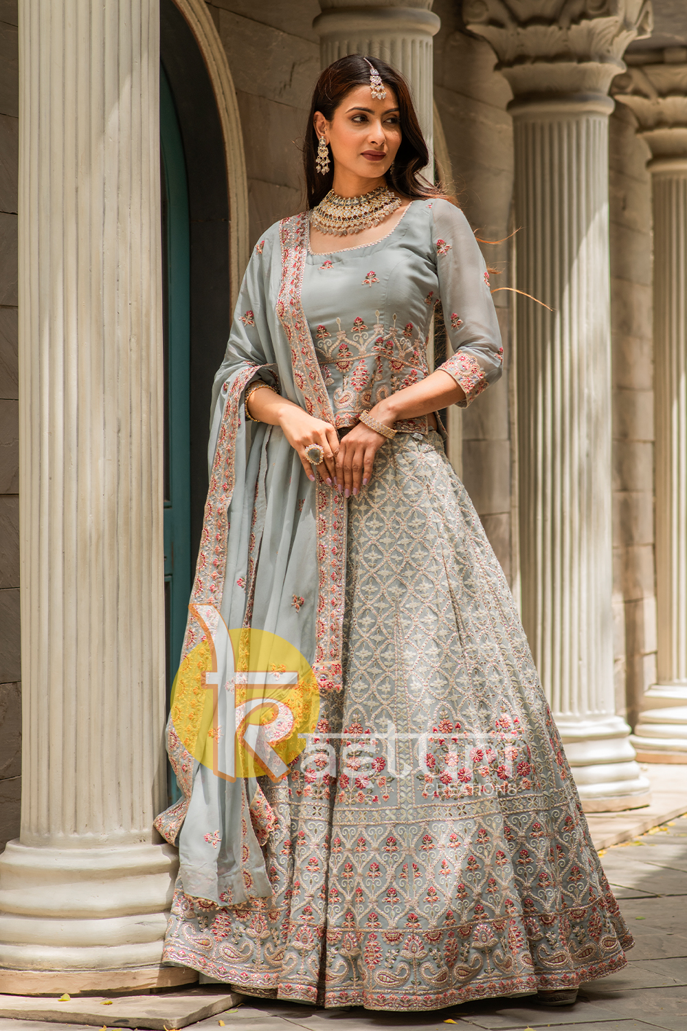 Grey color heavy embroidered georgette lehenga choli set