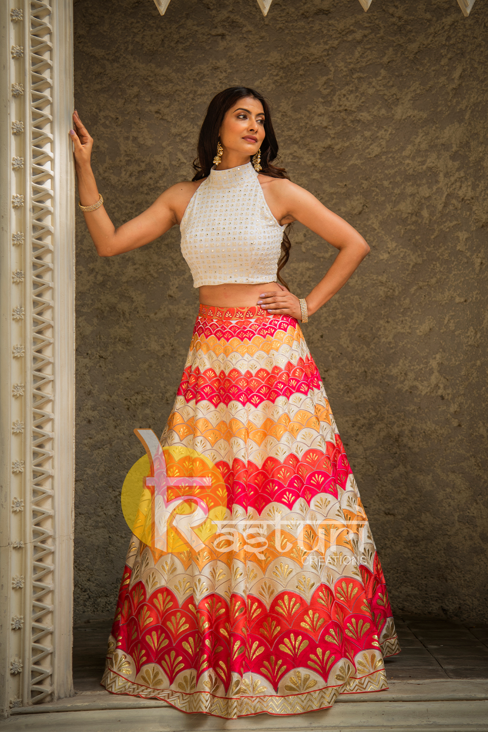 White and multicolor heavy embroidered georgette crop top and skirt