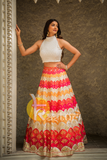 White and multicolor heavy embroidered georgette crop top and skirt