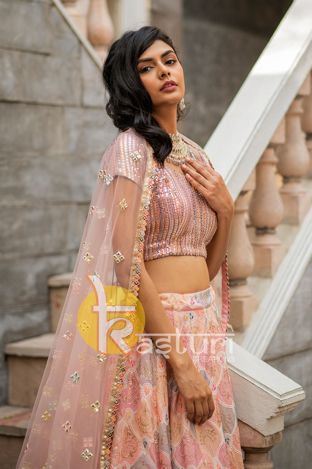 Pink heavy embroidered georgette lehenga choli set