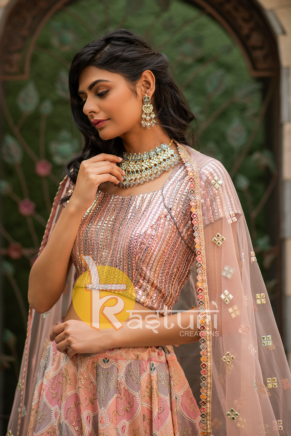 Pink heavy embroidered georgette lehenga choli set