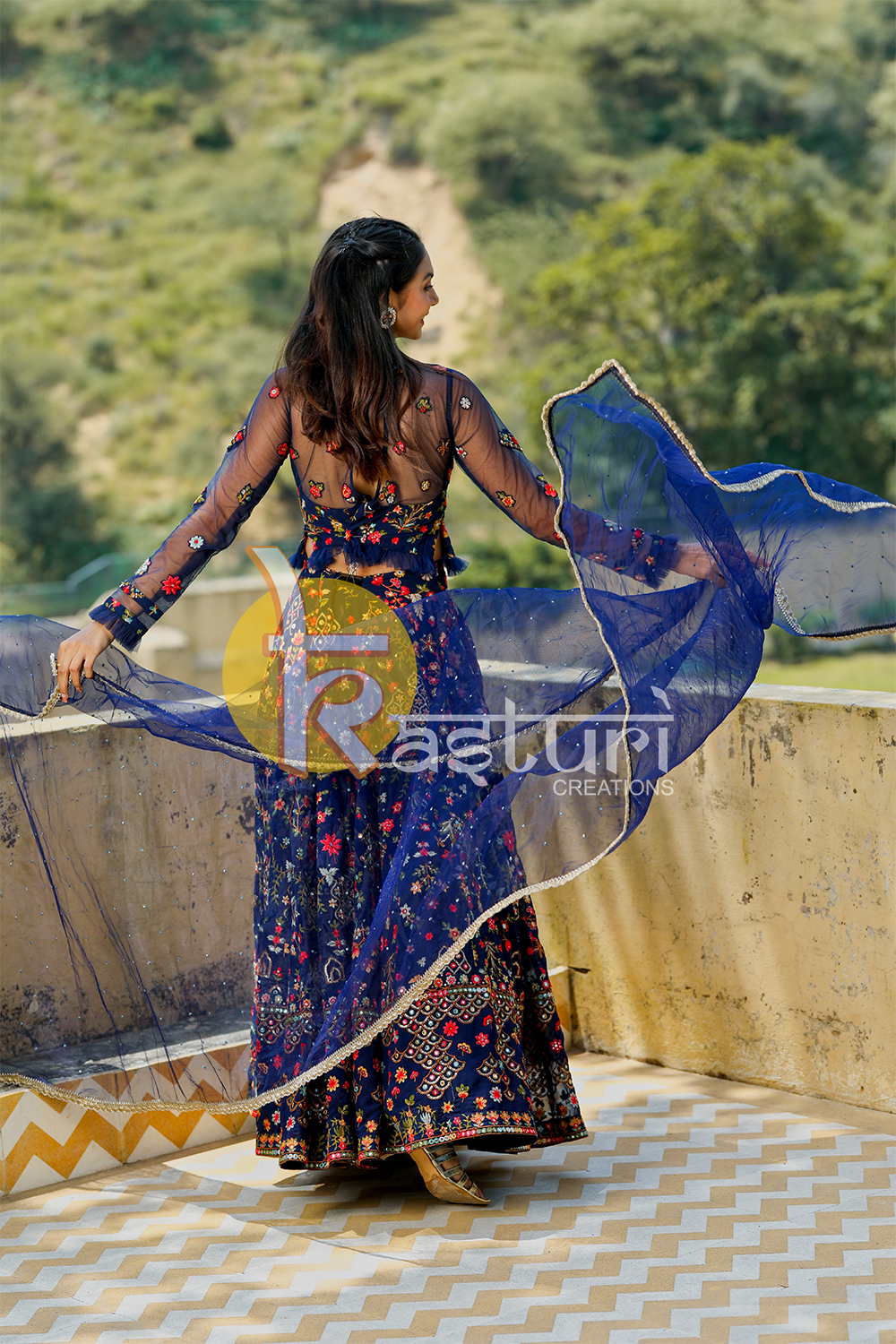 Navy blue embroidered georgette lehenga choli set