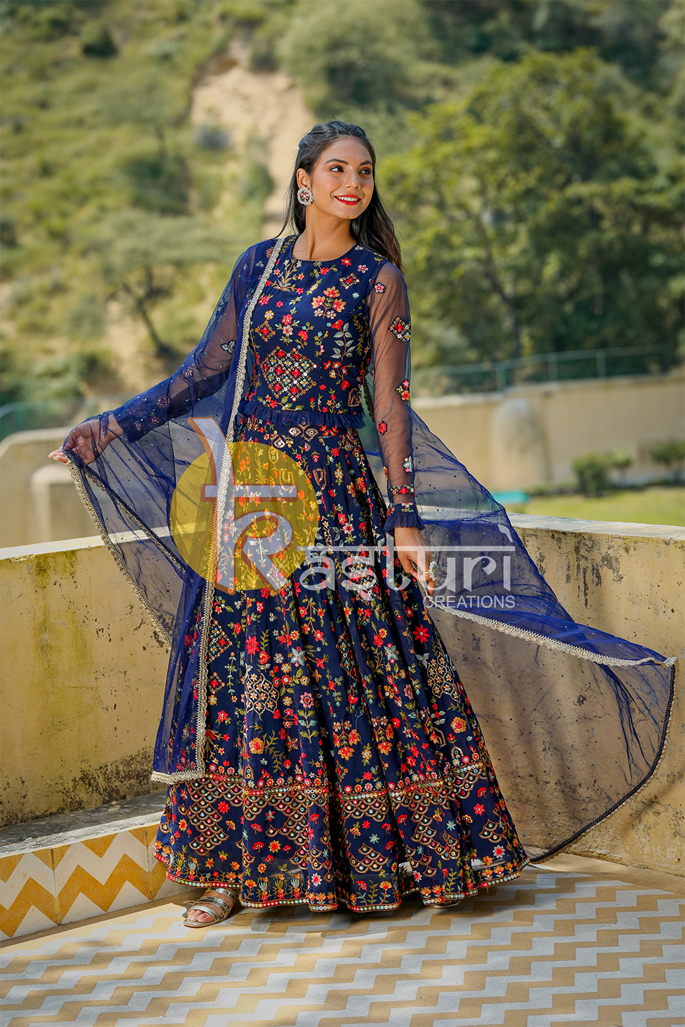 Navy blue embroidered georgette lehenga choli set