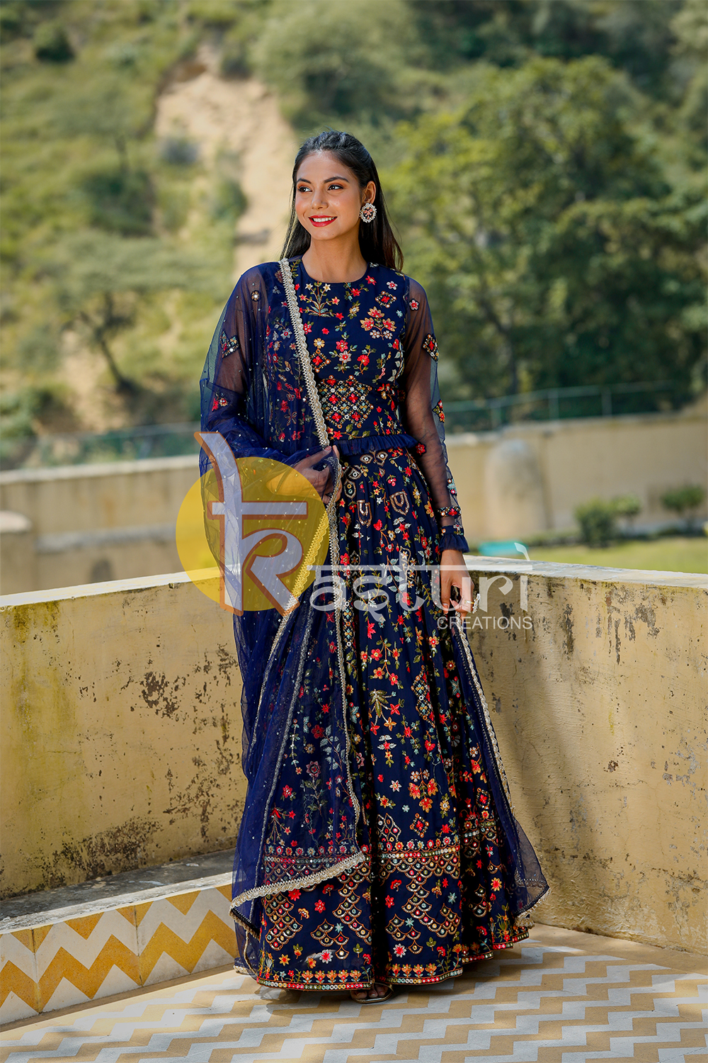 Navy blue embroidered georgette lehenga choli set