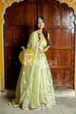 Green mirror work embroidered georgette lehenga choli set