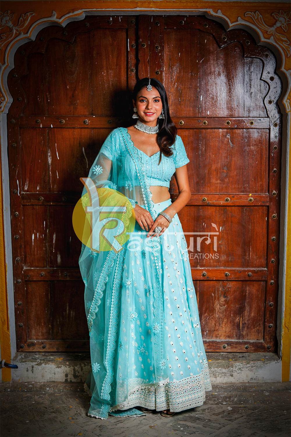 Blue mirror work embroidered georgette lehenga choli set