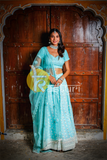 Blue mirror work embroidered georgette lehenga choli set