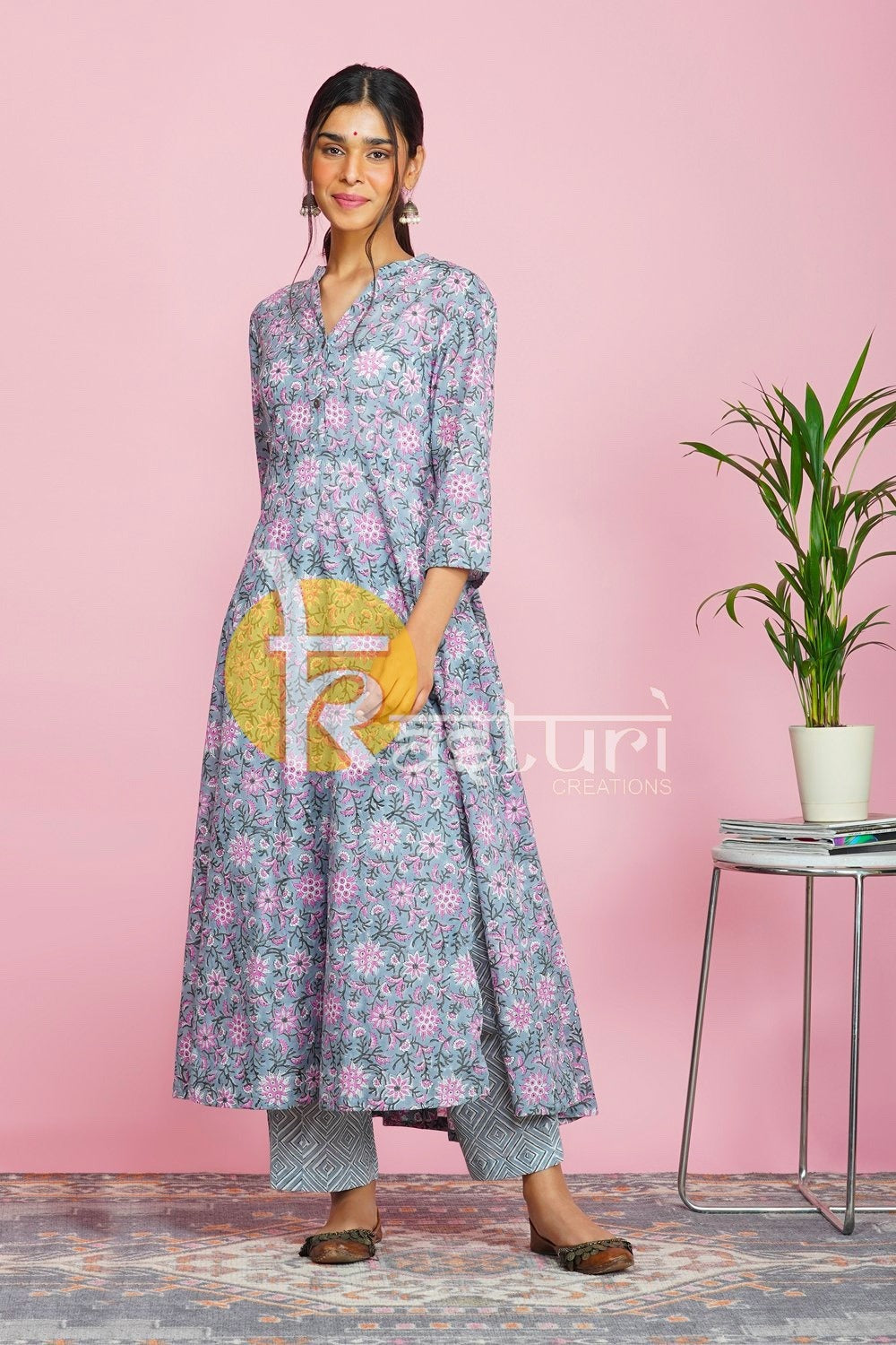 Grey, pink floral printed anarkali kurta with pant set JOLLY5