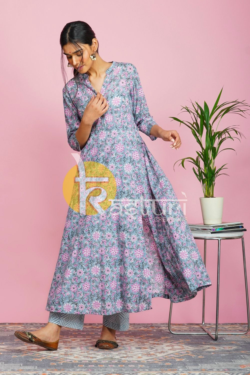 Grey, pink floral printed anarkali kurta with pant set JOLLY5