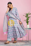 Grey, pink floral printed anarkali kurta with pant set JOLLY5