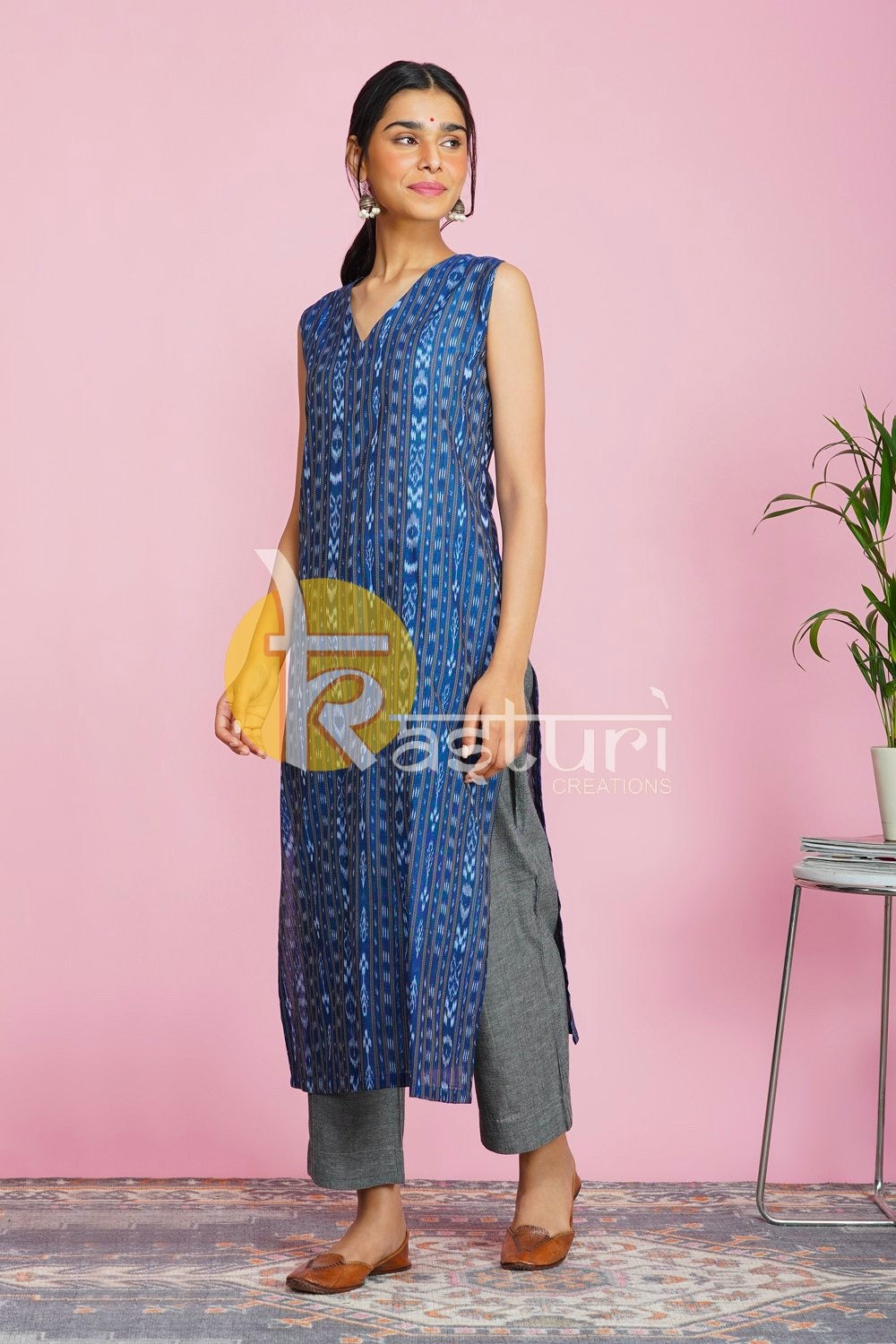 Blue and grey printed cotton kurta with pant set