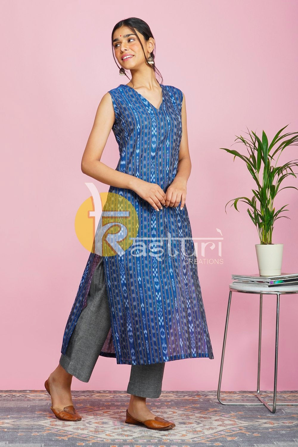 Blue and grey printed cotton kurta with pant set