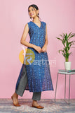 Blue and grey printed cotton kurta with pant set