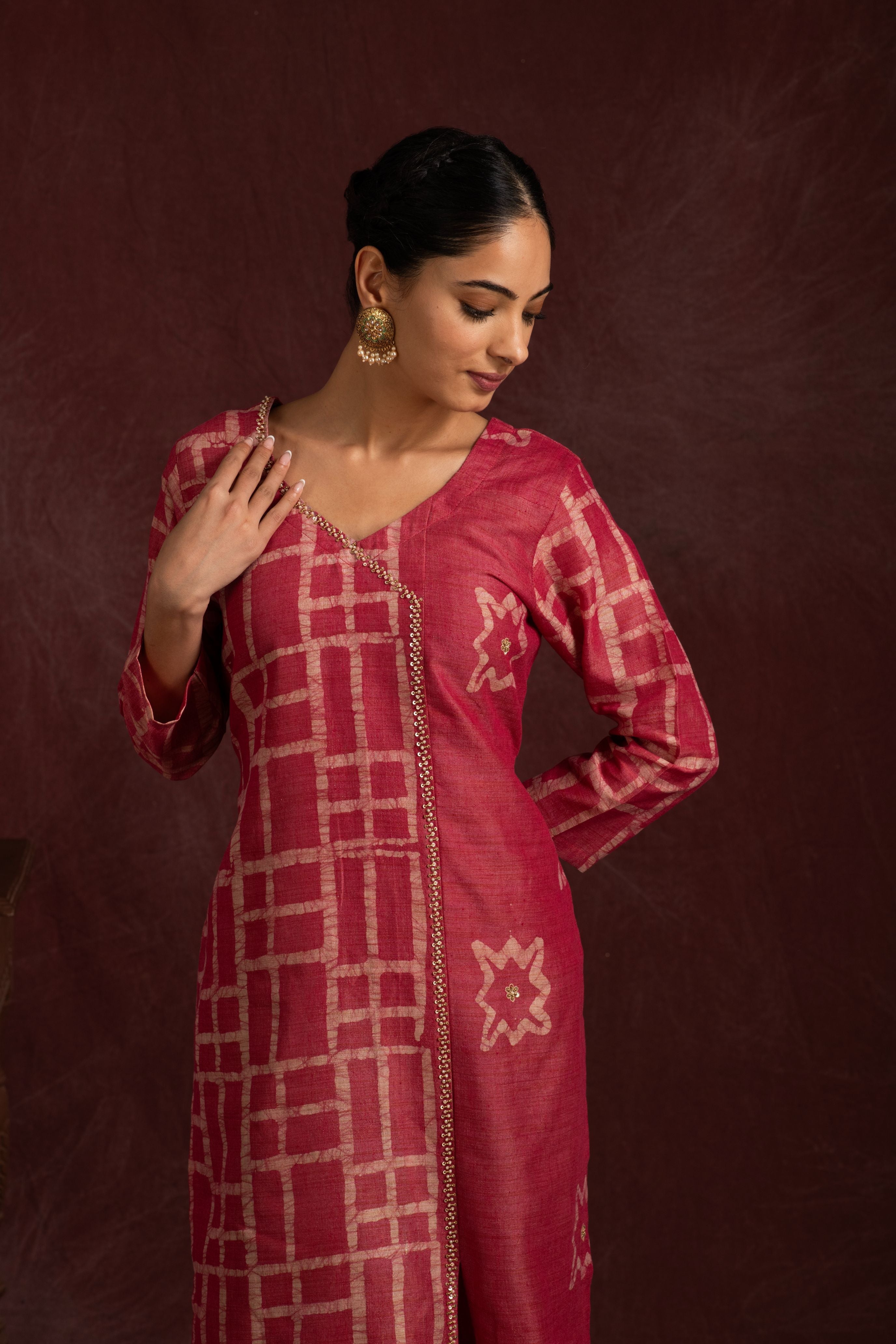Bhagalpuri Fabric Three piece Dupatta Suit in Embroidered Angrakha Pattern BK1