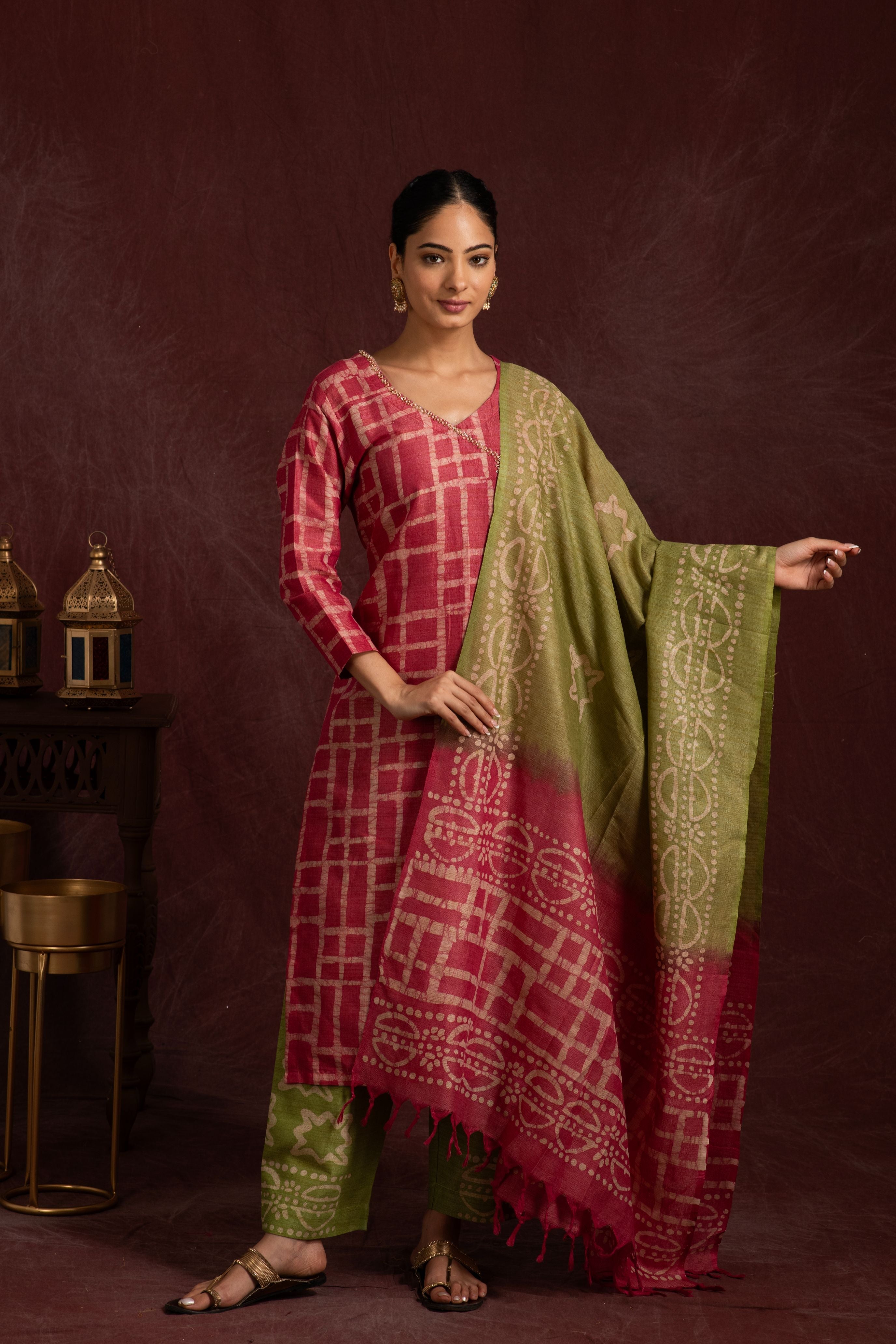Bhagalpuri Fabric Three piece Dupatta Suit in Embroidered Angrakha Pattern BK1