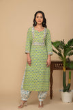Green printed kurta with white printed bottom 3 piece suit set with contrast cream dupatta