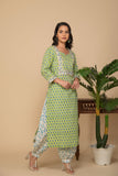 Green printed kurta with white printed bottom 3 piece suit set with contrast cream dupatta