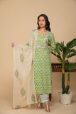 Green printed kurta with white printed bottom 3 piece suit set with contrast cream dupatta