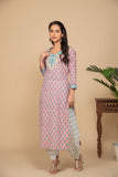 Peach printed kurta with white printed bottom 3 piece suit set with contrast w/p dupatta