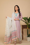 Peach printed kurta with white printed bottom 3 piece suit set with contrast w/p dupatta