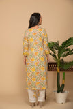 Mustard printed kurta left tie up in front with white printed bottom 3 piece suit set with contrast w/m dupatta