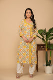 Mustard printed kurta left tie up in front with white printed bottom 3 piece suit set with contrast w/m dupatta