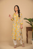 Mustard printed kurta left tie up in front with white printed bottom 3 piece suit set with contrast w/m dupatta