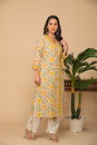 Mustard printed kurta left tie up in front with white printed bottom 3 piece suit set with contrast w/m dupatta